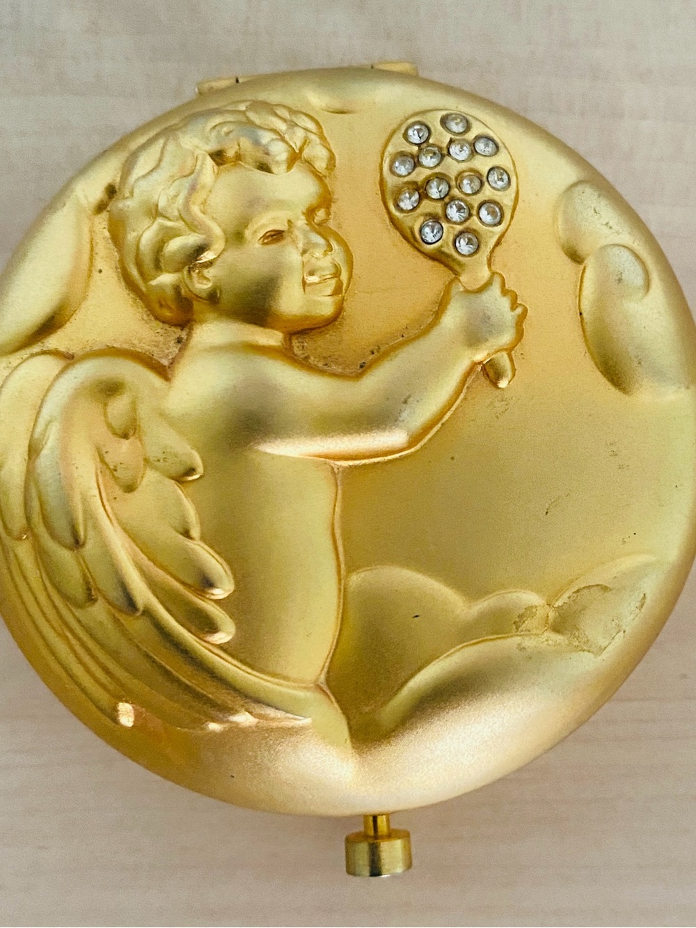 Estee Lauder Gold Compact with Cherub and Crystal Accents